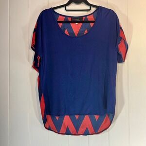 Say Anything Womens XL Navy Blue Red Chevron High Low Short Sleeve Blouse Top